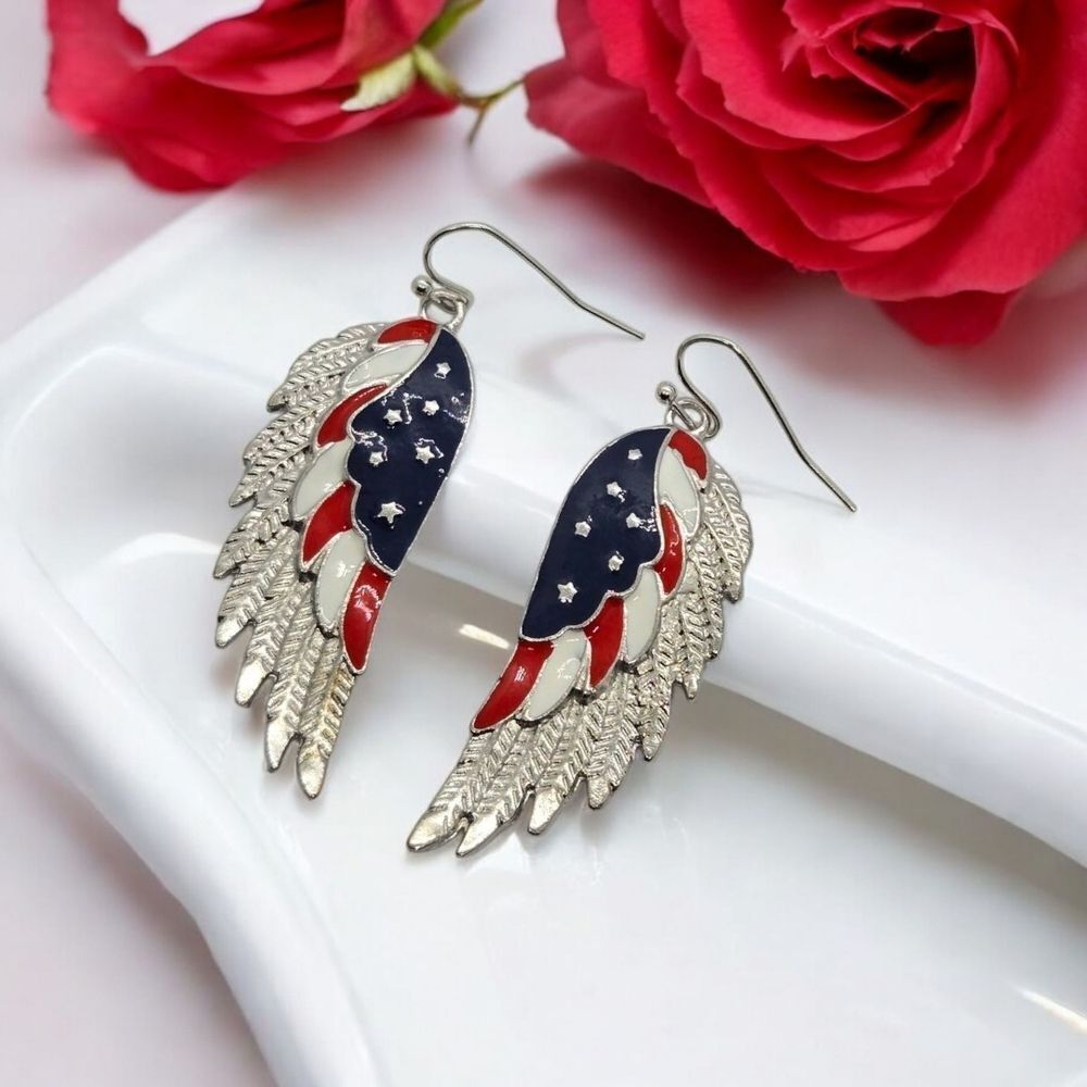 Angel Wing Patriotic American Flag Stripe Earrings Dangle Hook Jewelry Pierced